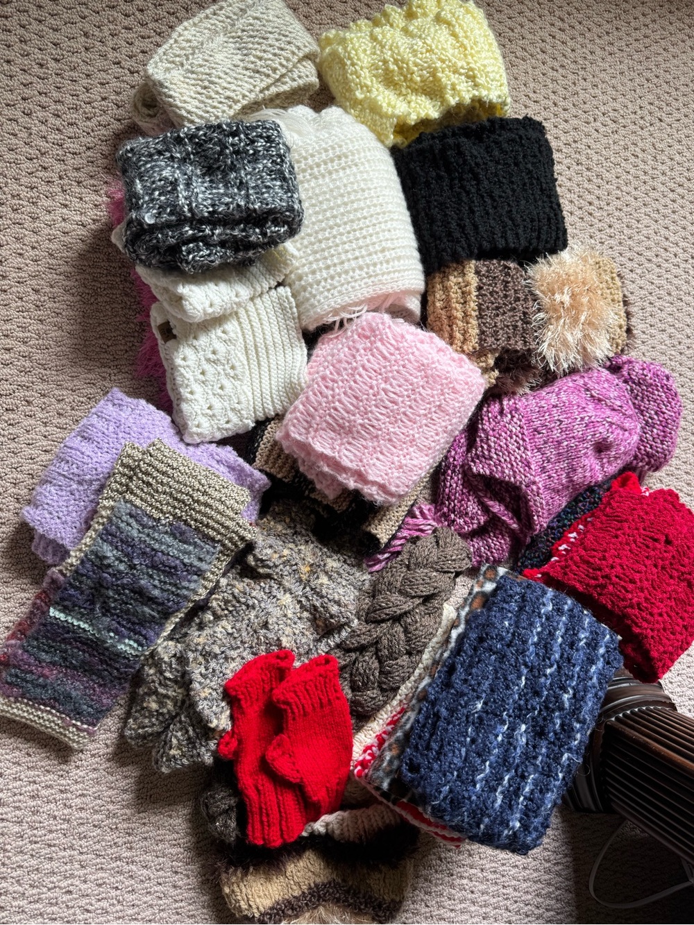 Assorted Hand-Knit Winter Scarves, Hats, Fingerless Gloves and Boot Toppers.